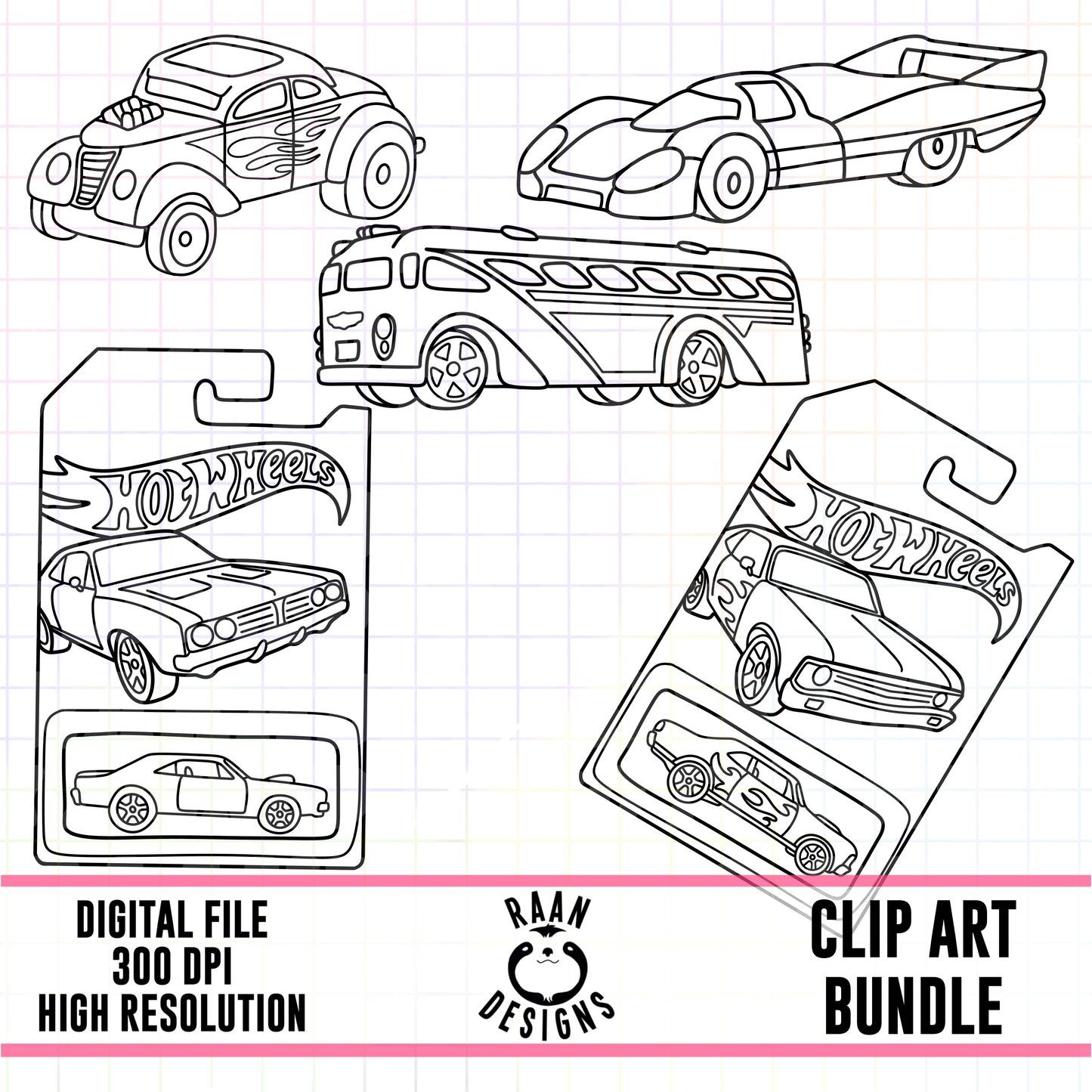 Hot Wheel Outlines-Clipart Bundle