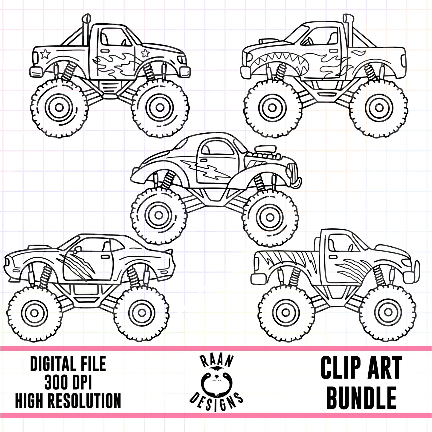 Monster Truck Outlines-Clipart Bundle