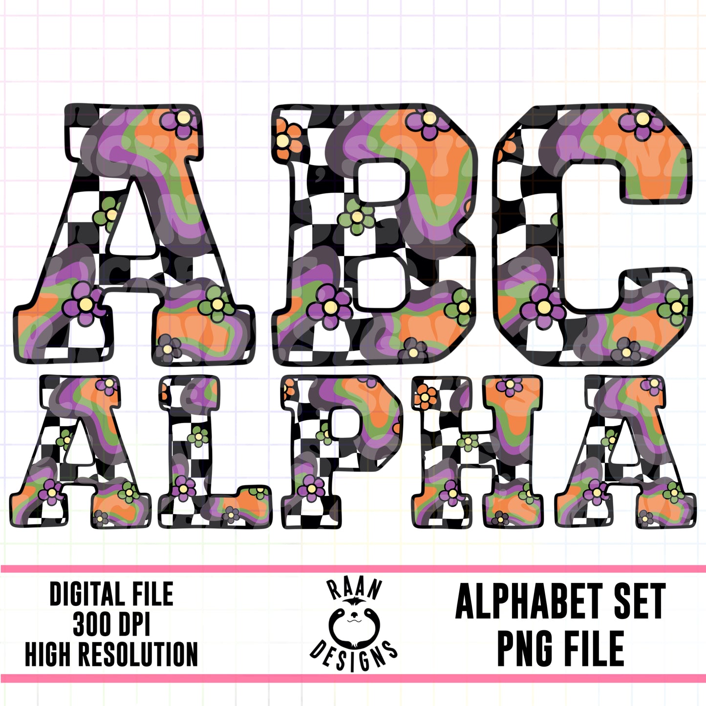 Halloween Retro Floral Checkered-Alpha Set