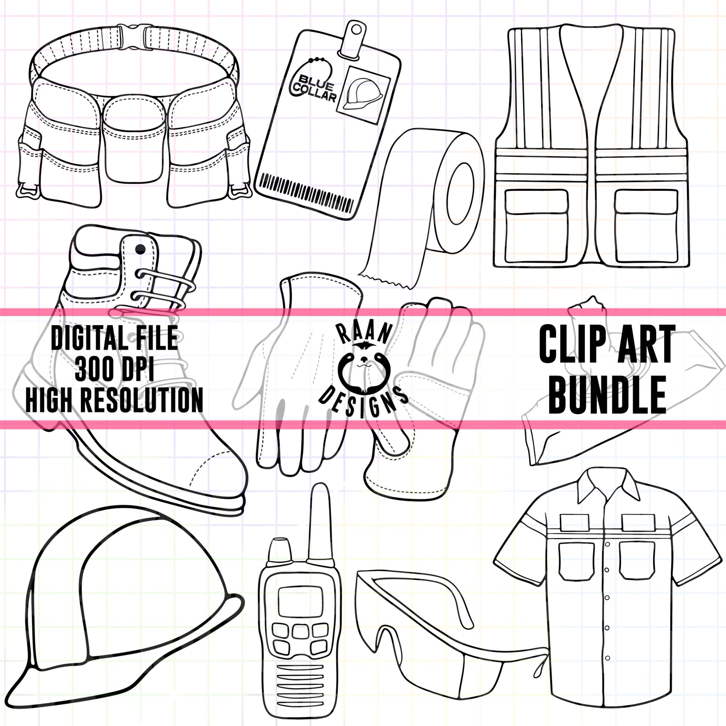 Blue Collar Gear-Outline Clipart Bundle