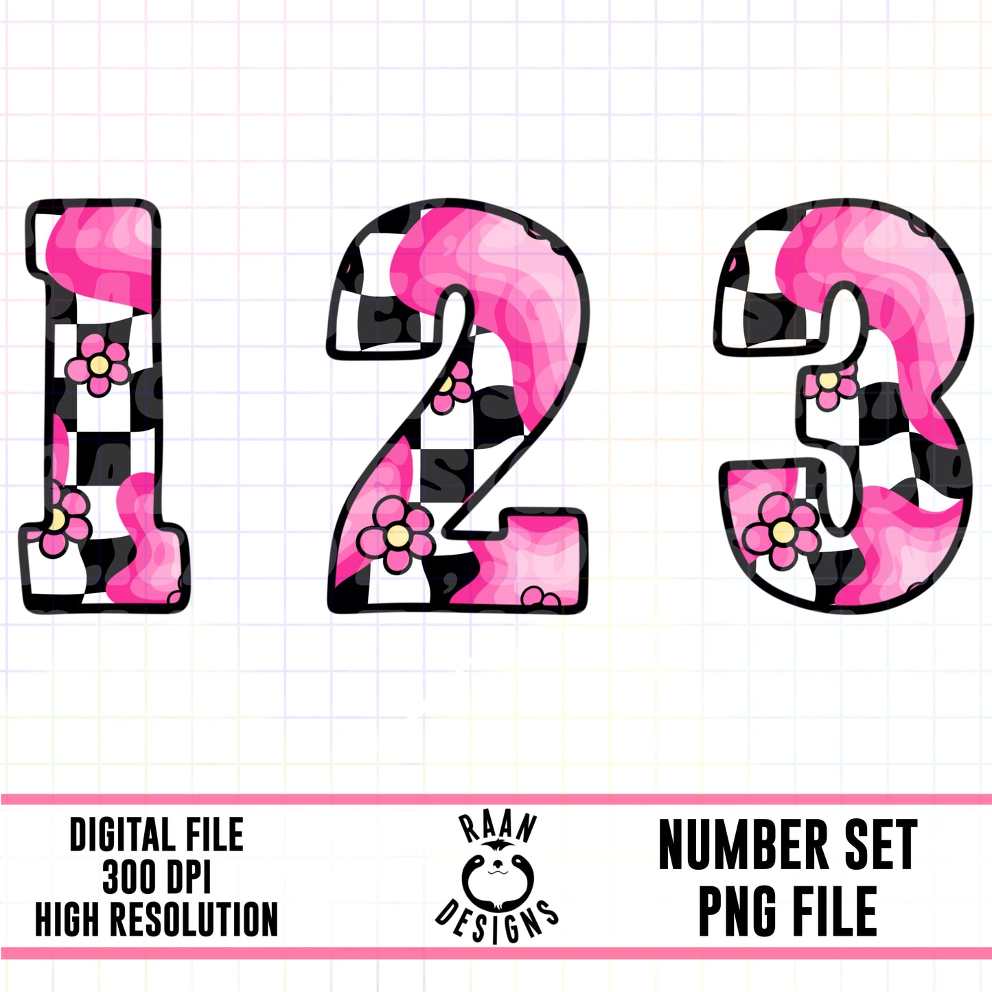 Pink Checkered Flowers-Number Set