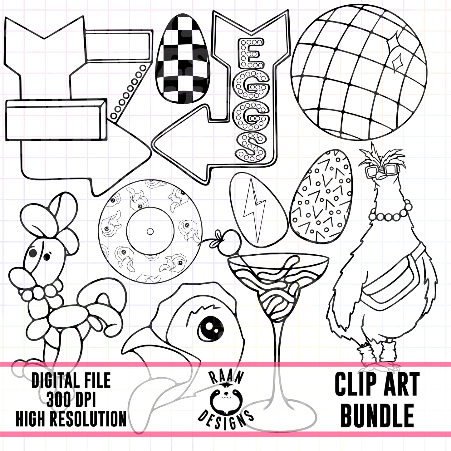 Retro Chicken Outline Clipart Bundle