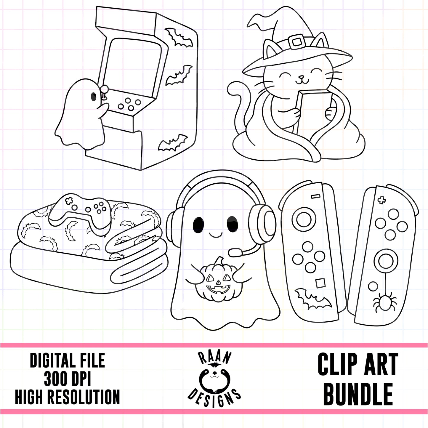Cozy Gamer Halloween Outlines-Clipart Bundle
