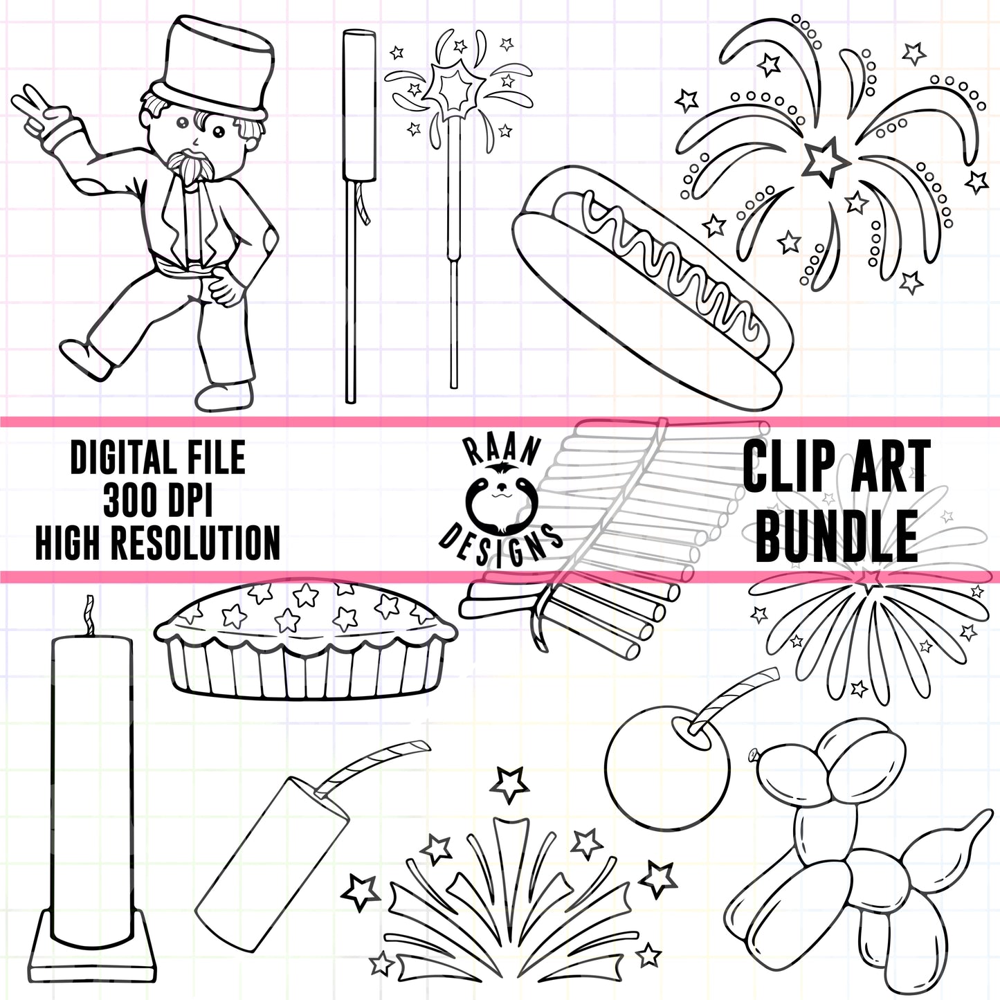 4th Of July-Outline Clipart Bundle