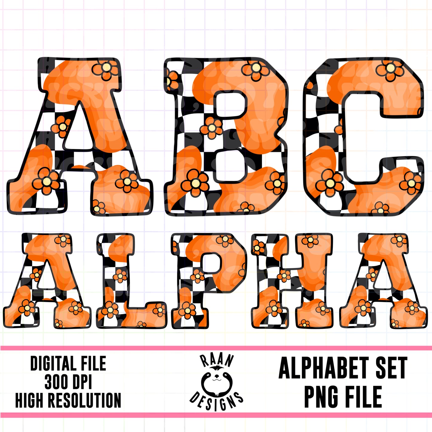 Orange Retro Floral Checkered Alpha Set
