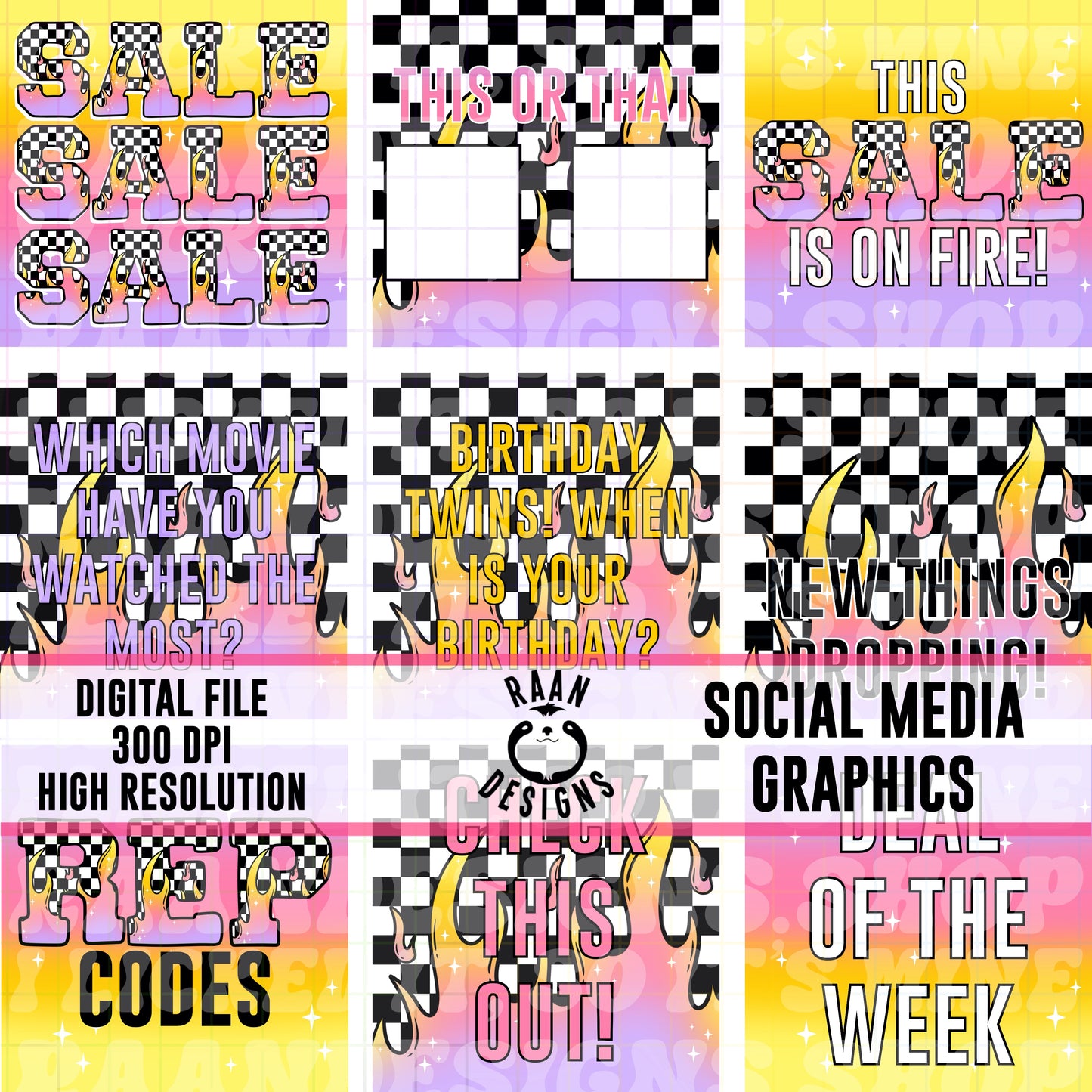 Purple Checkered Flame-Social Media Graphics