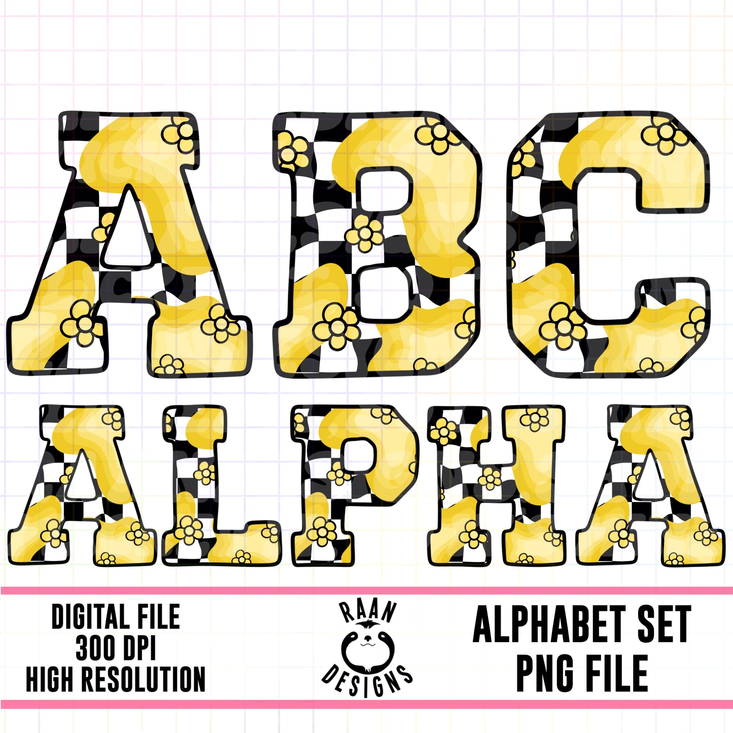Yellow Retro Floral Checkered Alpha Set