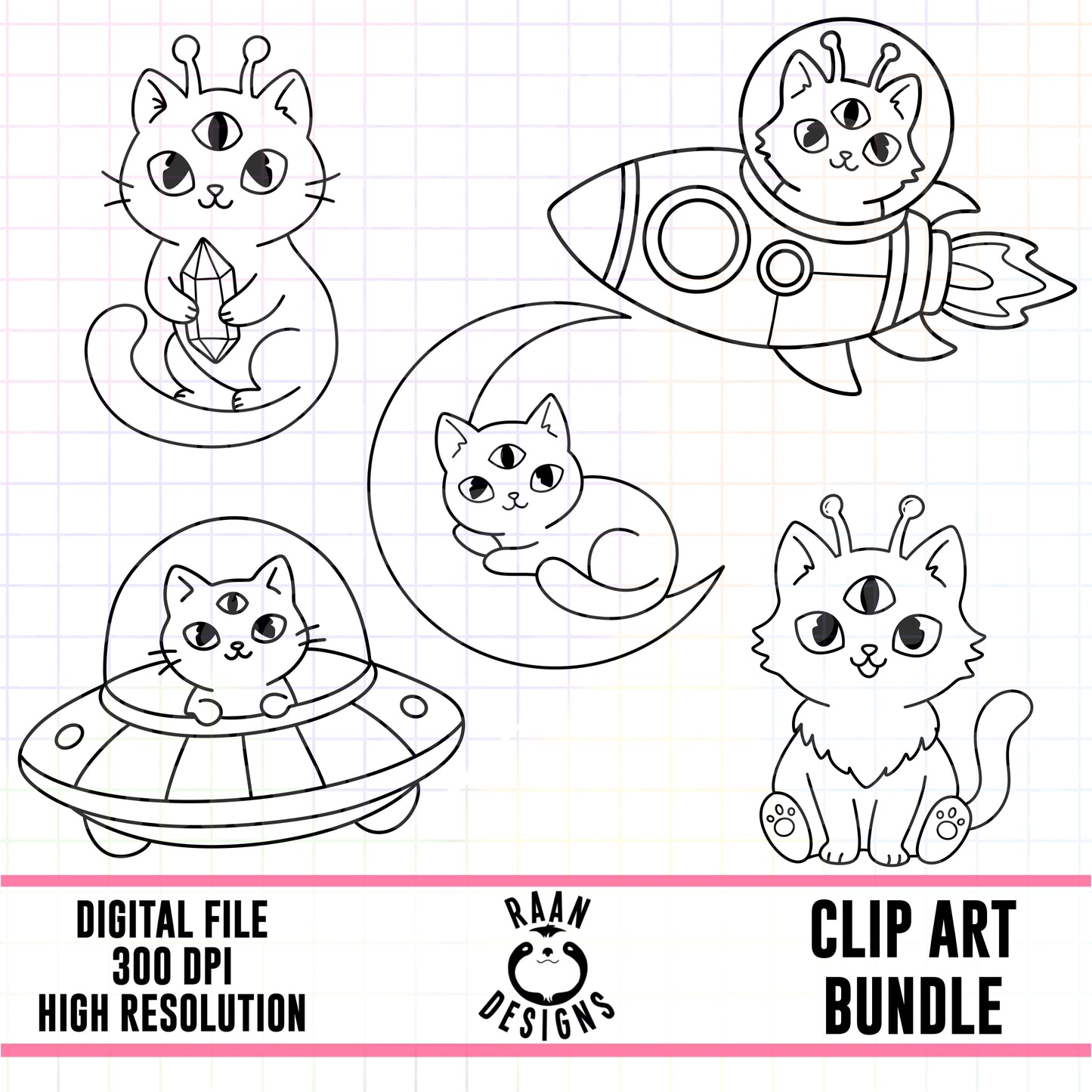 Galactic Cats Outlines-Clipart Bundle