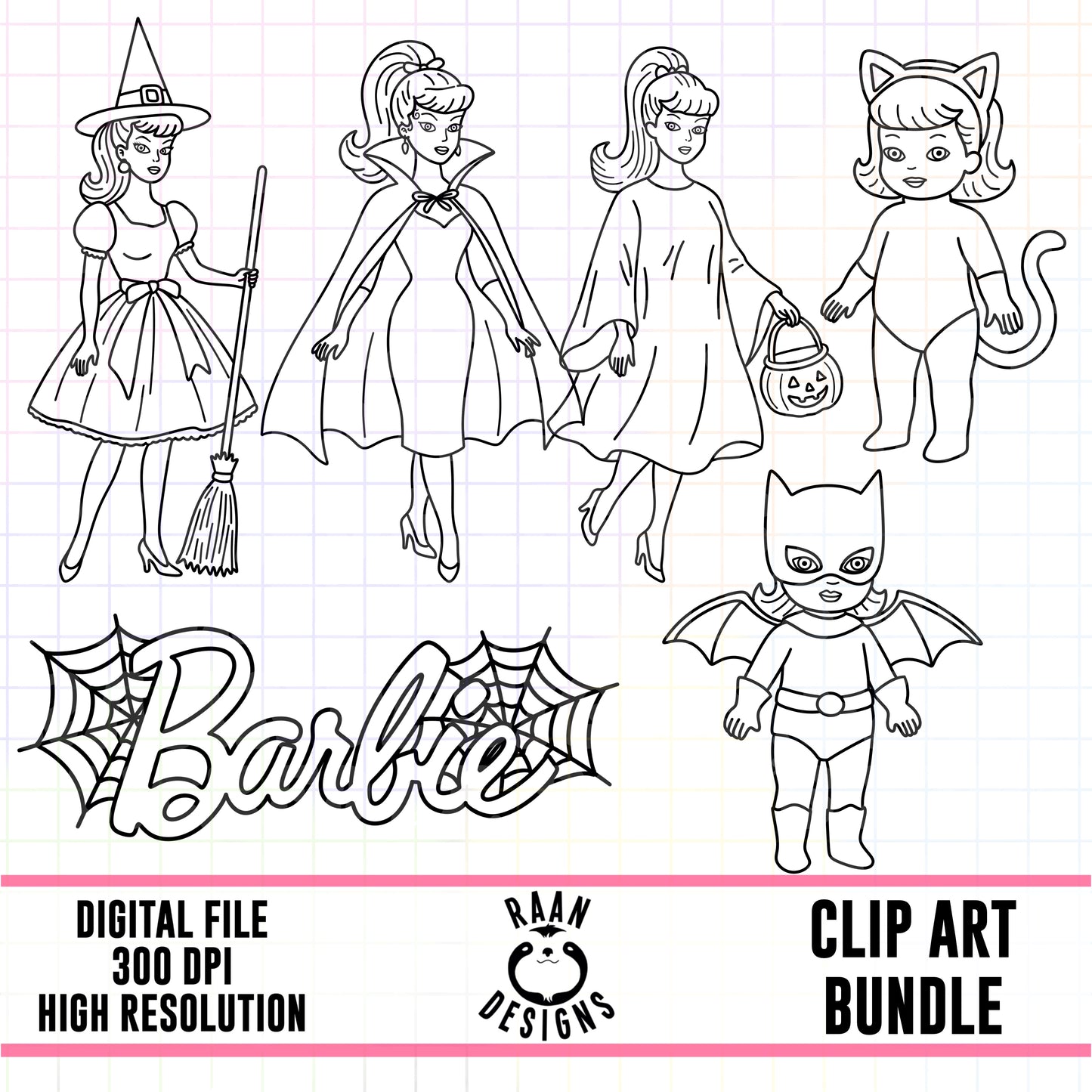 Halloween Barbie Outlines-Clipart Bundle