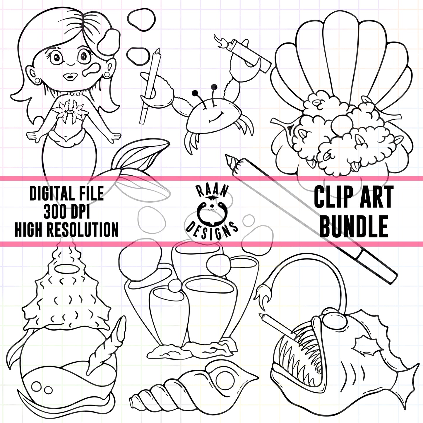 4/20 Mermiad Outline Clipart Bundle