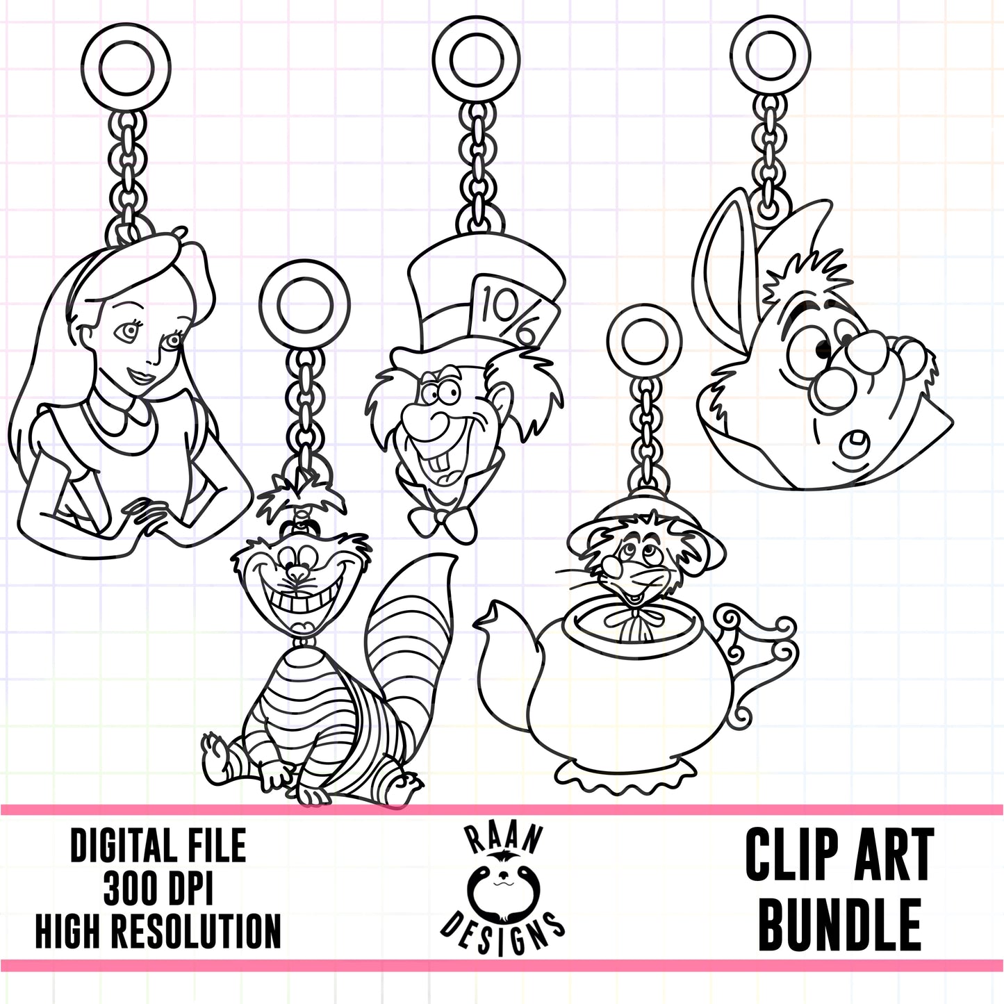 Alice Charms Outline -Clipart Bundle