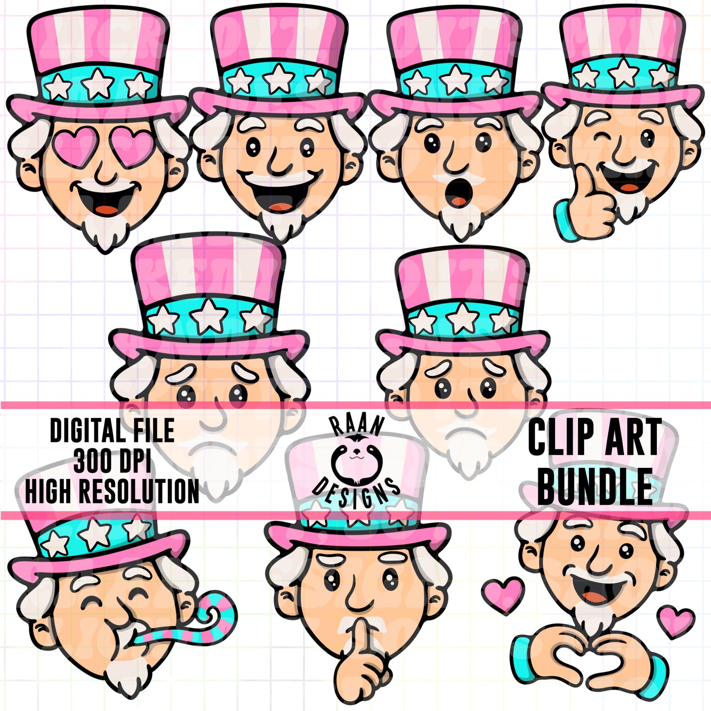 Uncle Sam Emoji Pink-Clipart Bundle