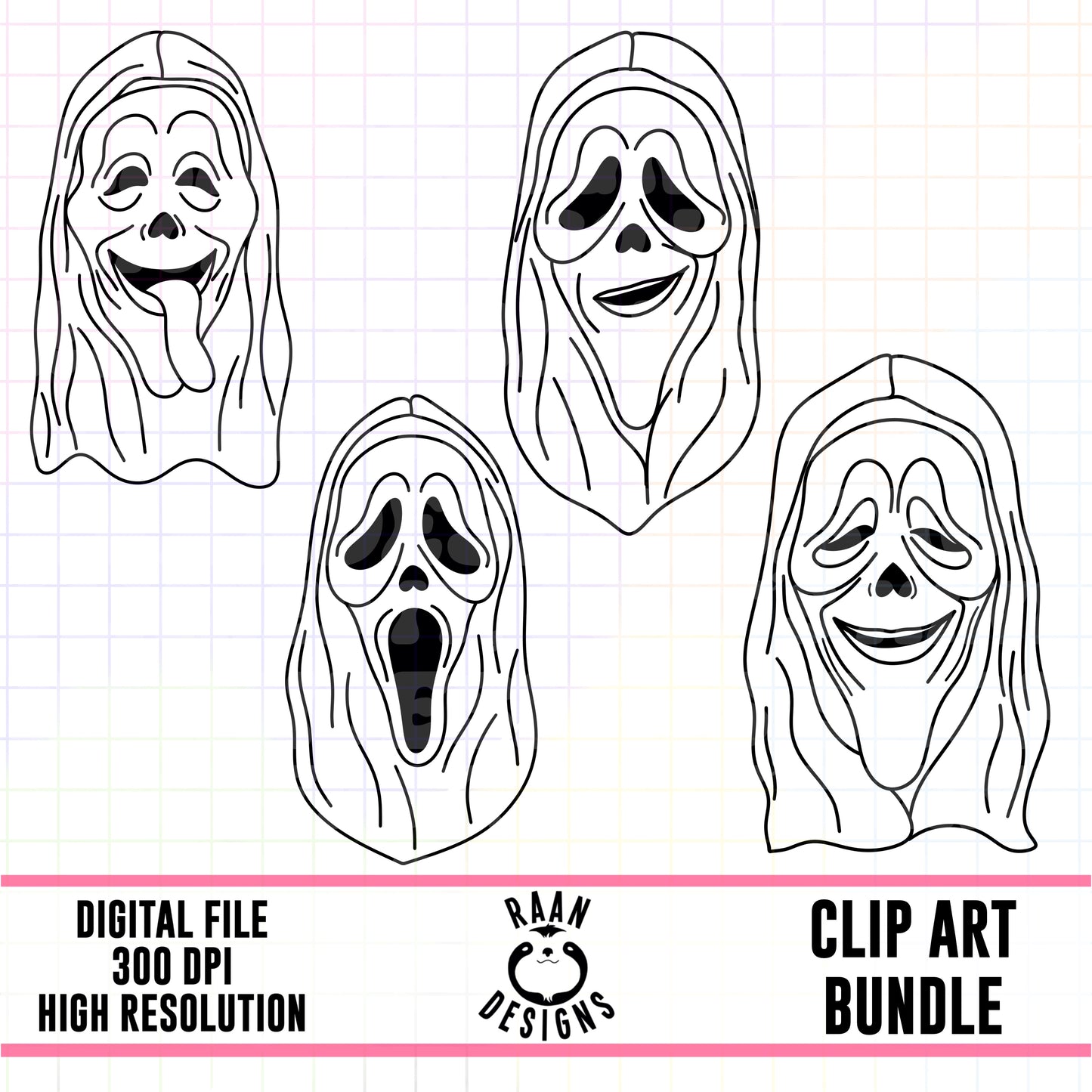 Ghost Face Outlines-Clipart Bundle