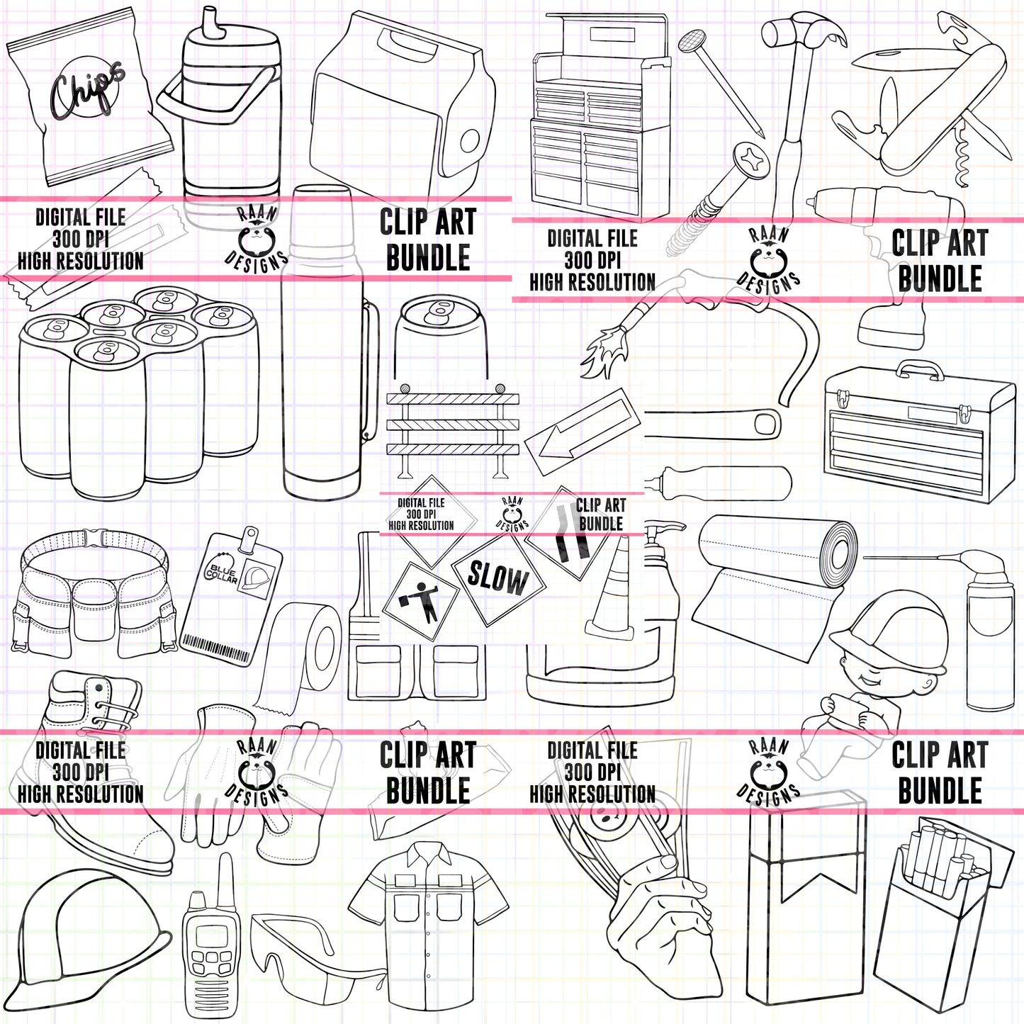 Blue Collar-MEGA Outlines Clipart Bundle