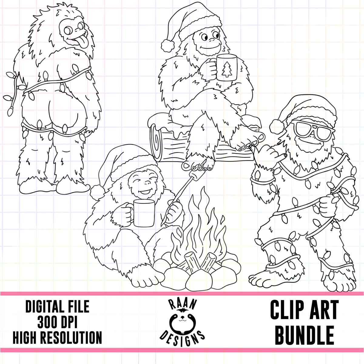 Bigfoot Christmas Outlines-Clipart Bundle