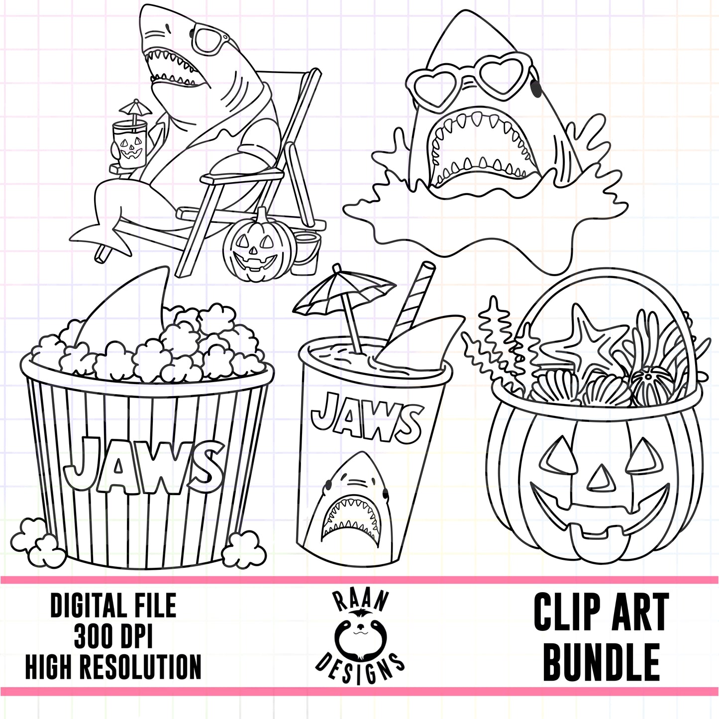 Jaws Summerween Outlines-Clipart Bundle