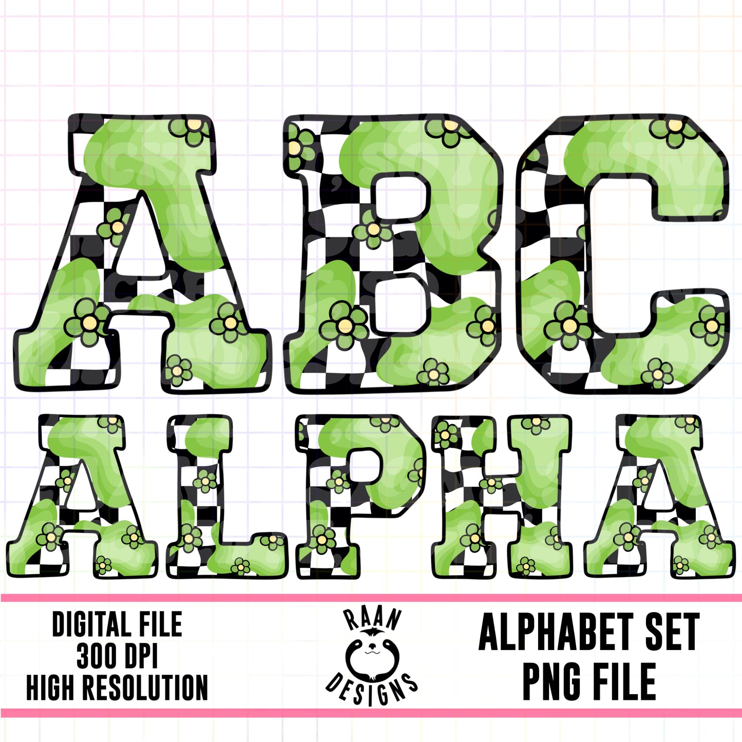 Green Retro Floral Checkered Alpha Set