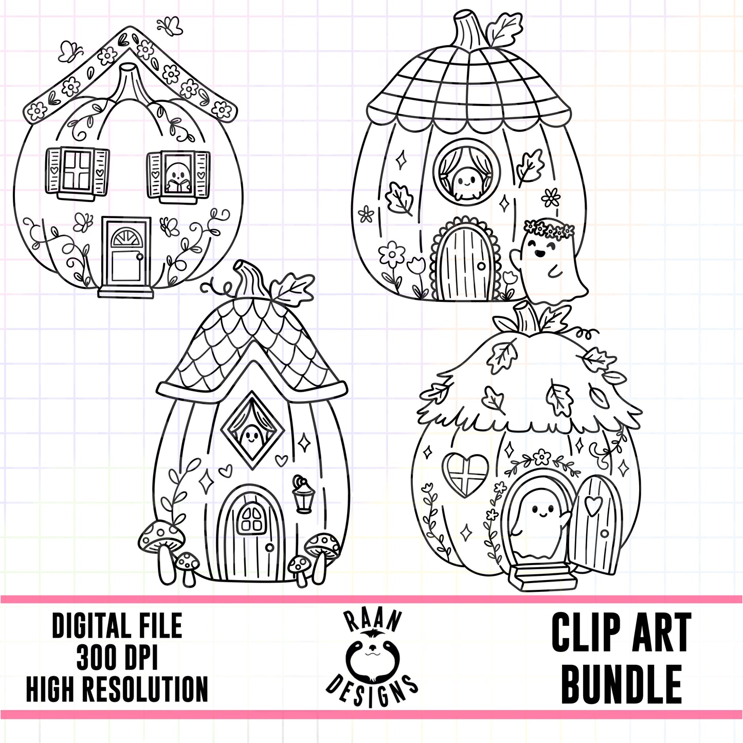 Pumpkin Houses Outlines-Clipart Bundle