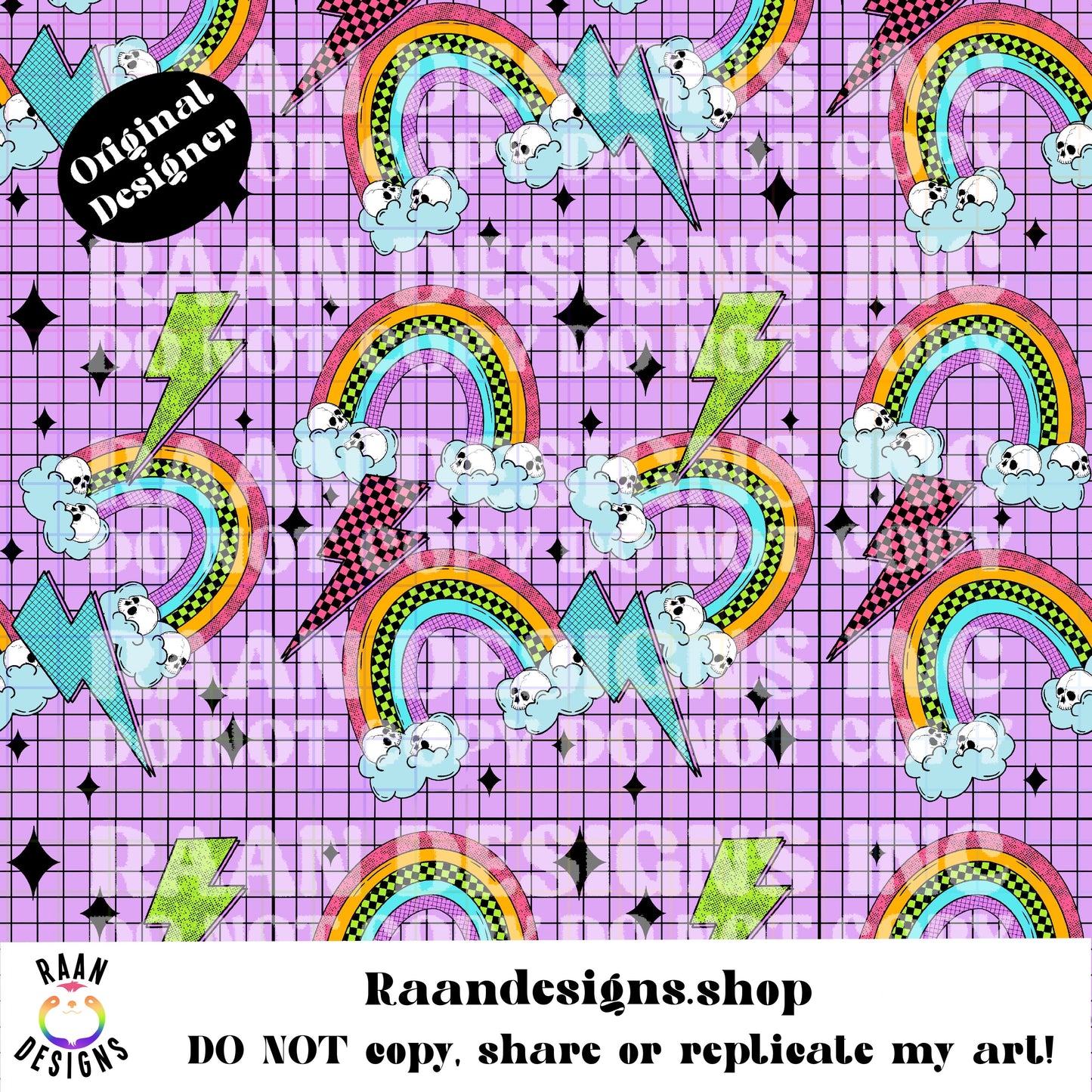 Rainbow Skulls and Lightning Bolts-Purple-Seamless