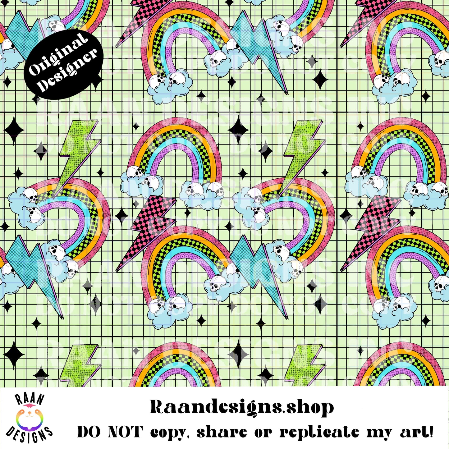 Rainbow Skulls and Lightning Bolts-Green-Seamless