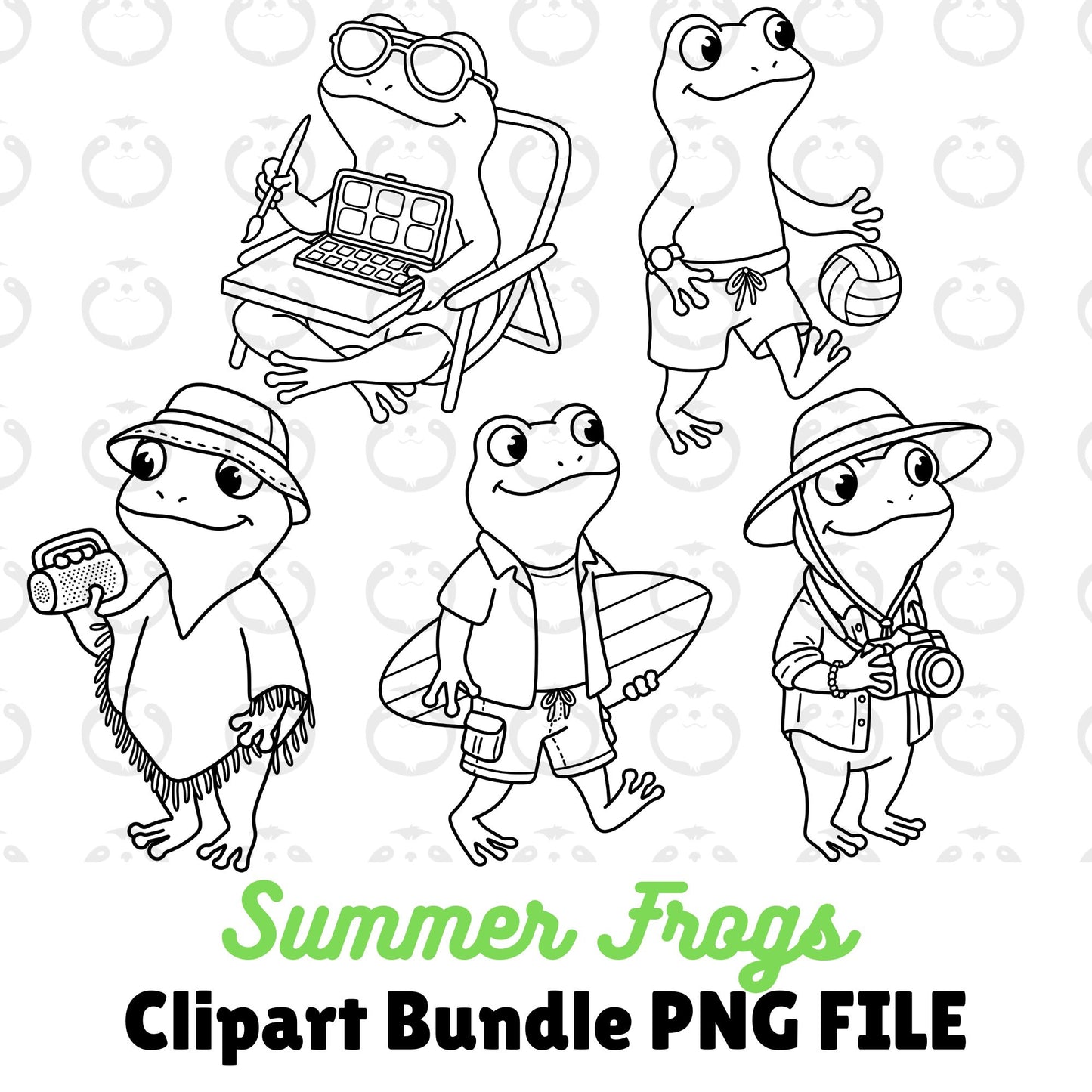 Summer Frogs Outlines-Clipart Bundle