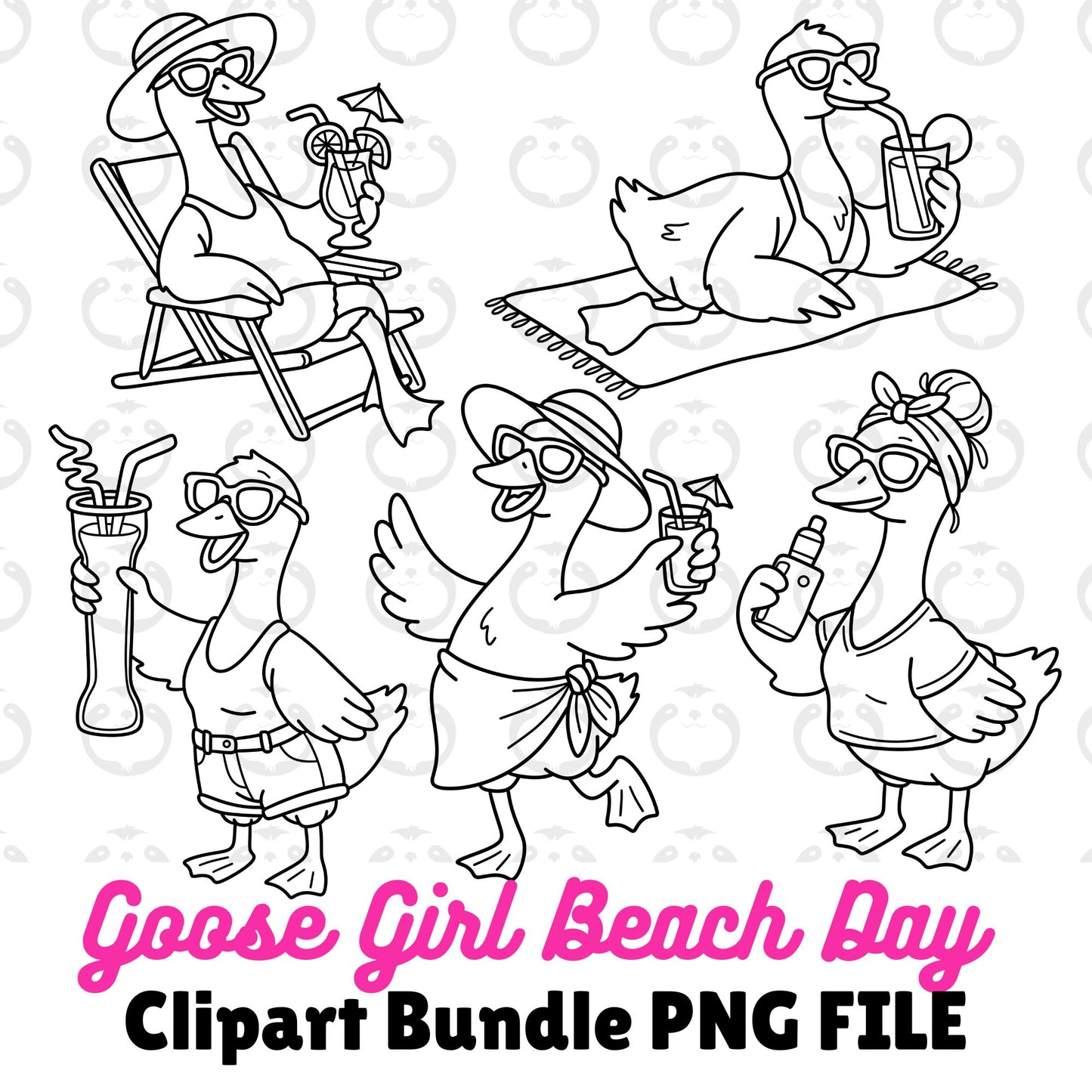 Goose Girl Beach Day Outlines-Clipart Bundle
