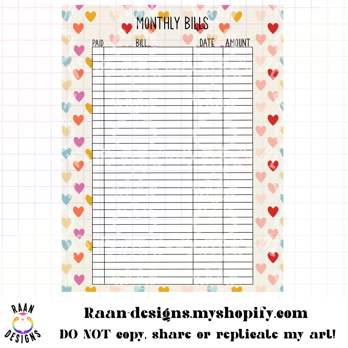 Multicolor Heart-Monthly Bills