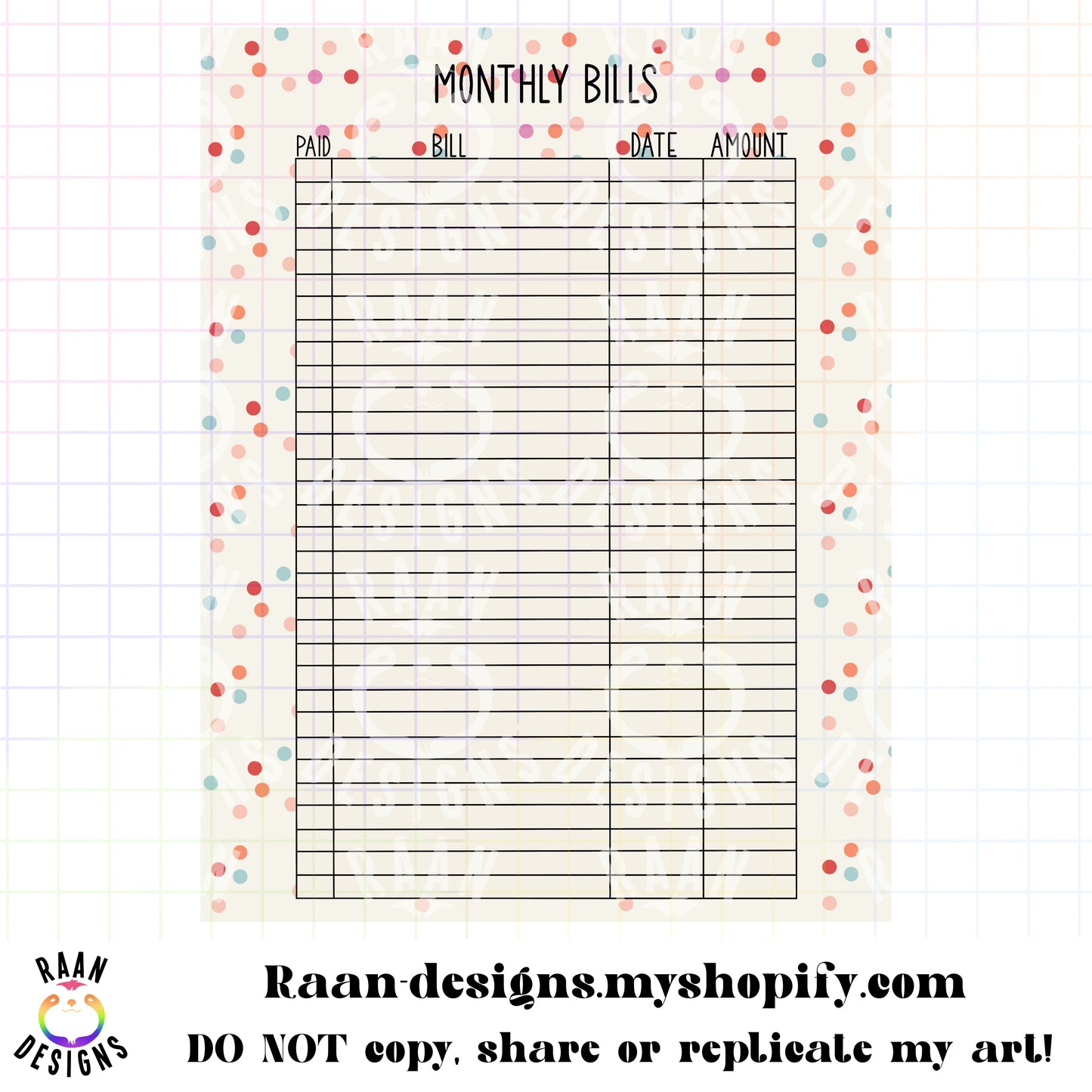 Multicolor Polka Dot-Monthly Bills