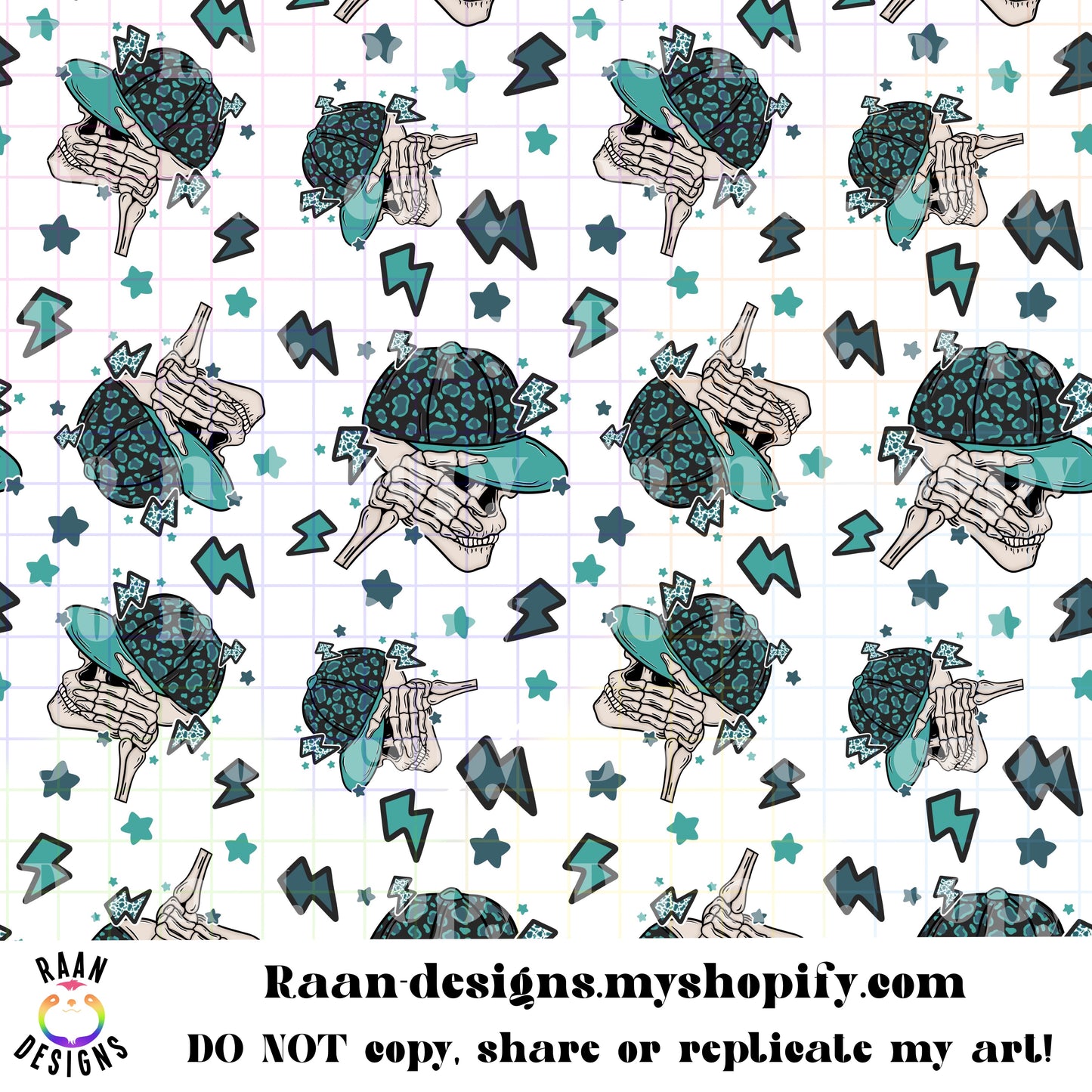 Teal and Black Animal Print, Lightning Bolt, Skelly in Hat Background Bundle-Seamless