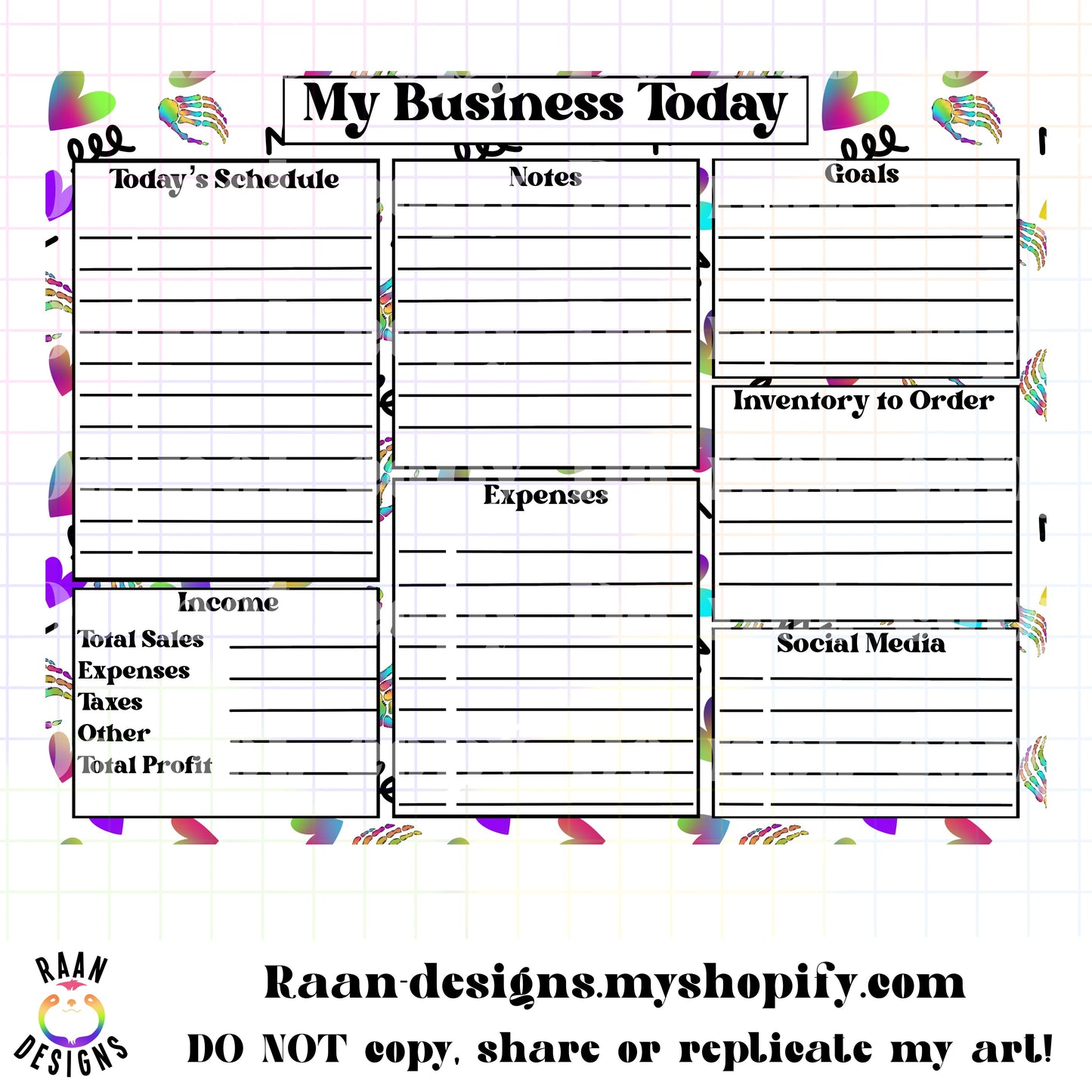 Doodle Rainbow Skelly Hand Daily Business Tracker