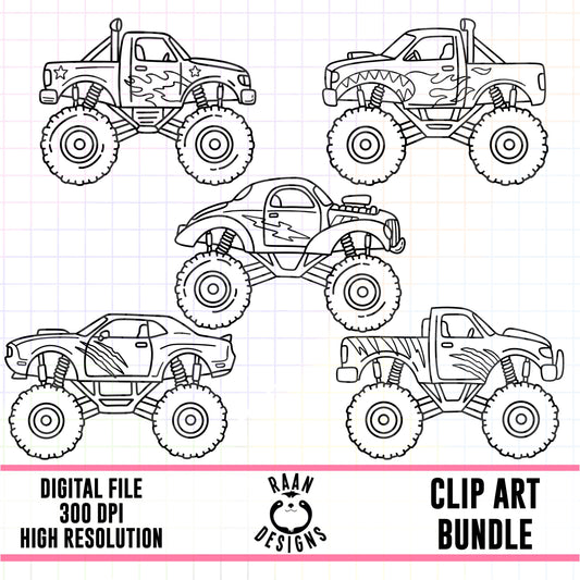 Monster Truck Outlines-Clipart Bundle