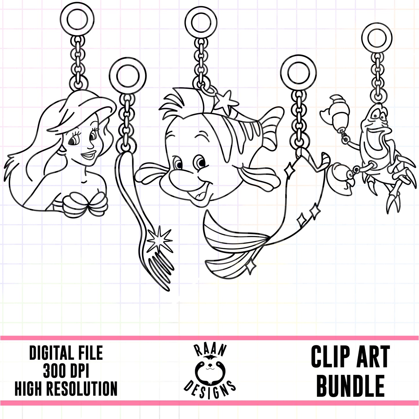 Ariel Little Mermaid Charms Outline-Clipart Bundle