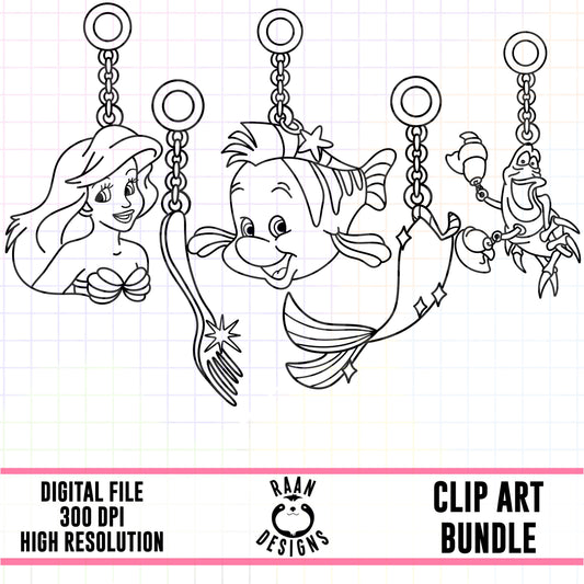 Ariel Little Mermaid Charms Outline-Clipart Bundle
