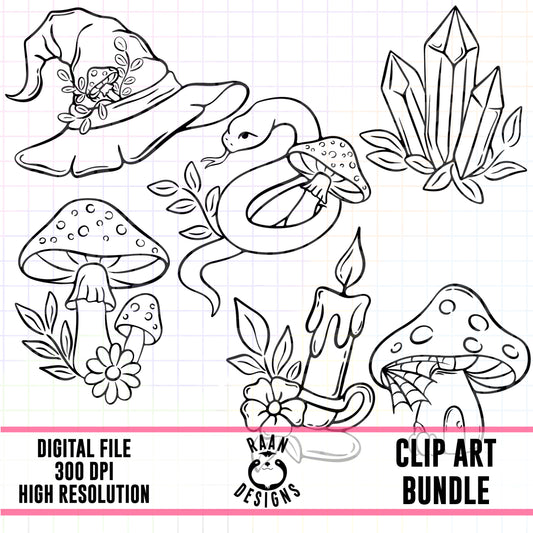 Witchy Cottagecore Outlines-Clipart Bundle