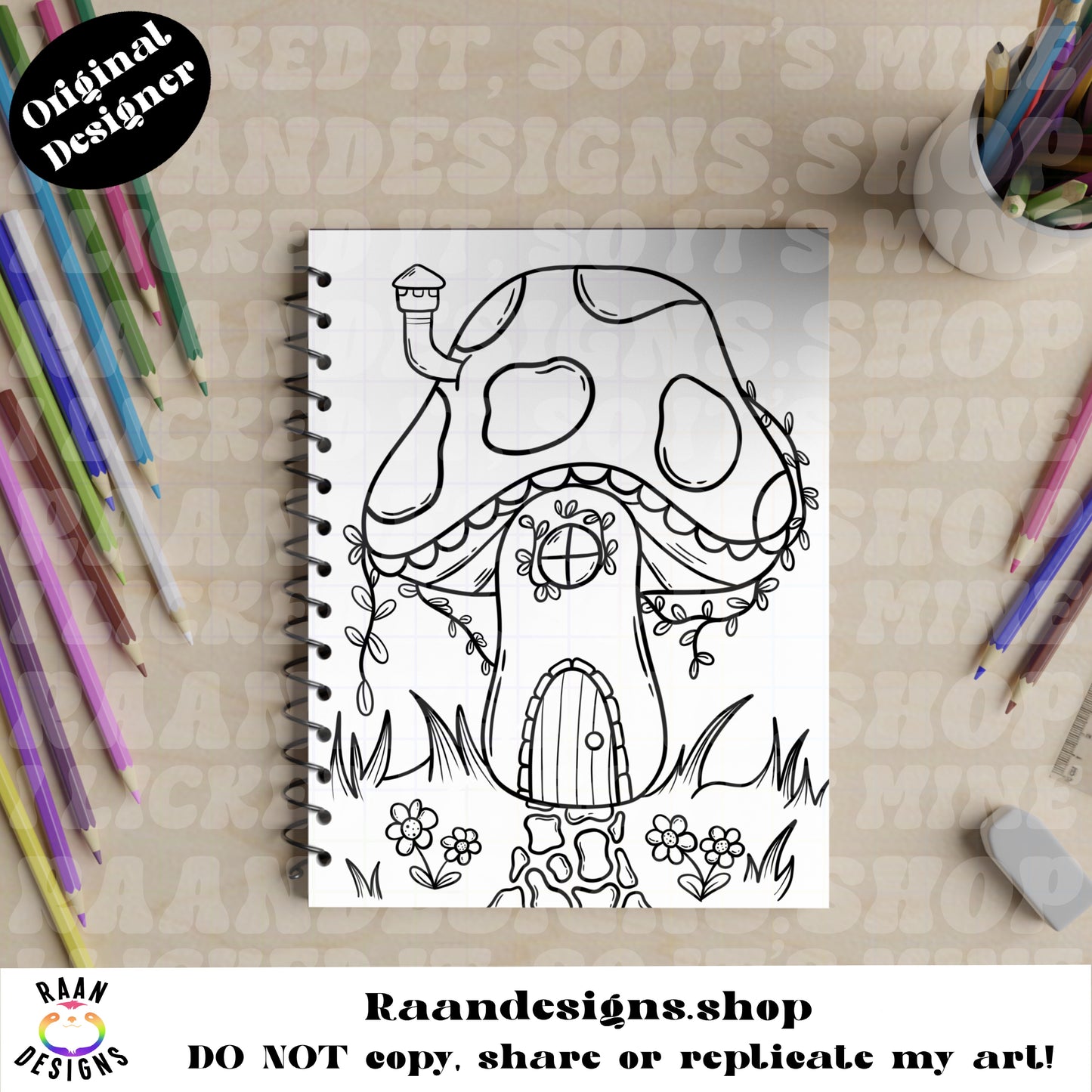 Mushroom Cottage Fairy House-PRINTABLE COLORING PAGE
