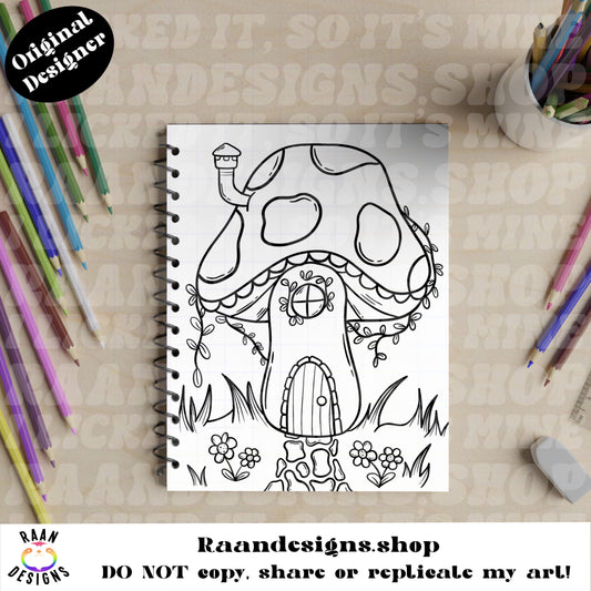 Mushroom Cottage Fairy House-PRINTABLE COLORING PAGE