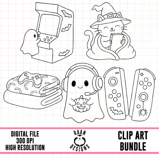 Cozy Gamer Halloween Outlines-Clipart Bundle