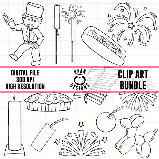 4th Of July-Outline Clipart Bundle