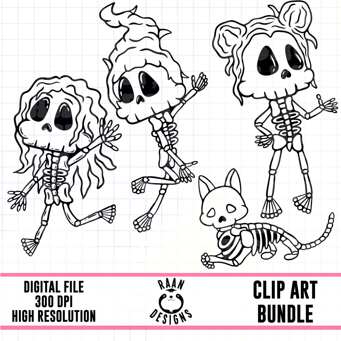 Hocus Pocus Skeletons Outline- Clipart Bundle
