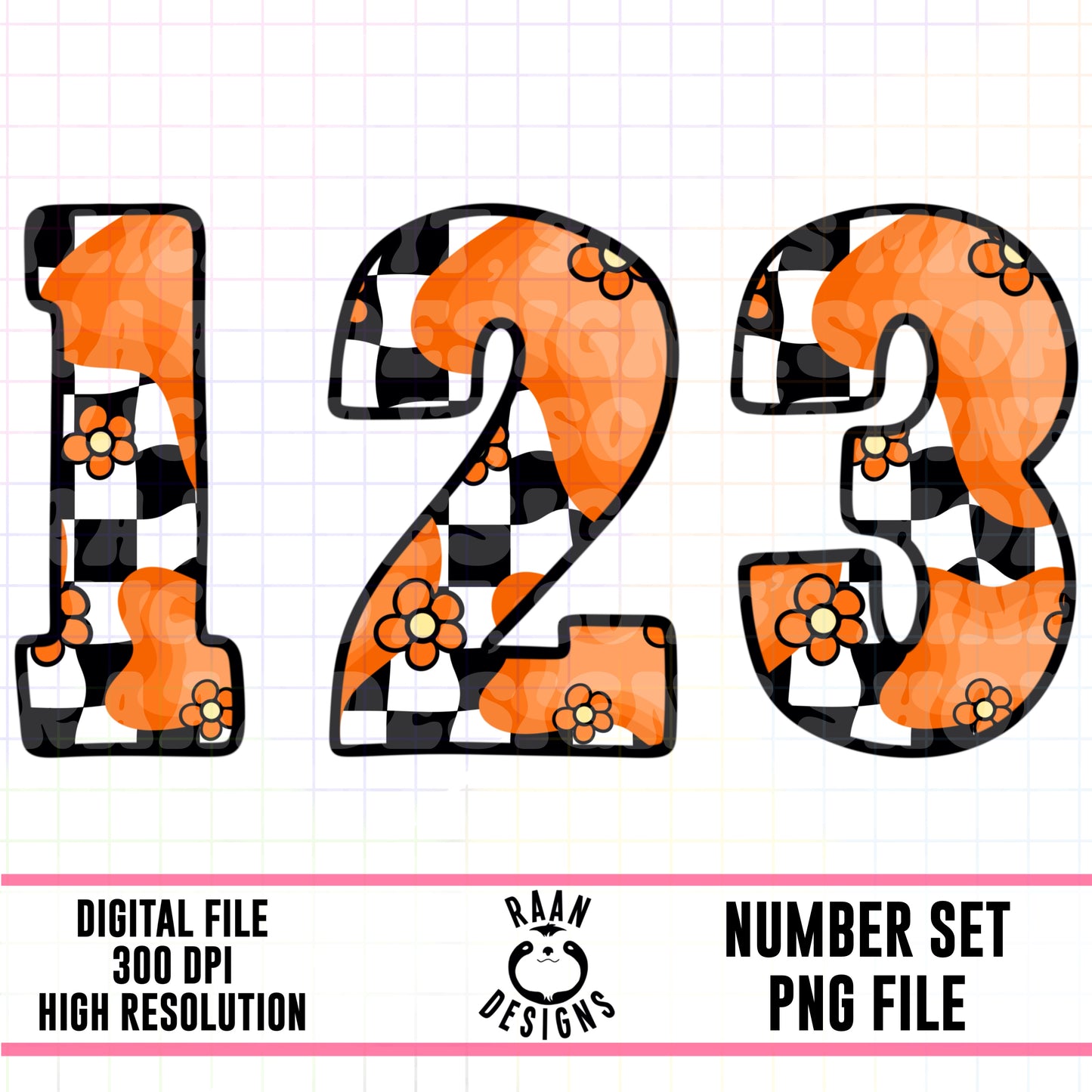 Orange Retro Floral Checker-Number Set