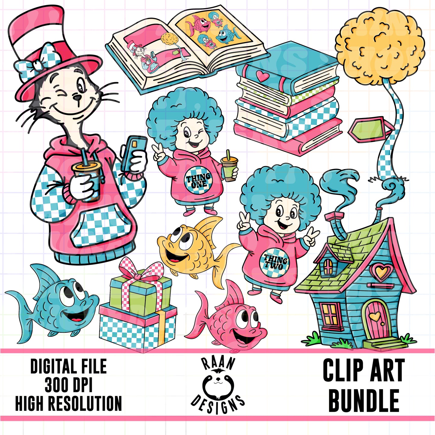 Pink Checker Dr.Seuss Inspired-Clipart Bundle