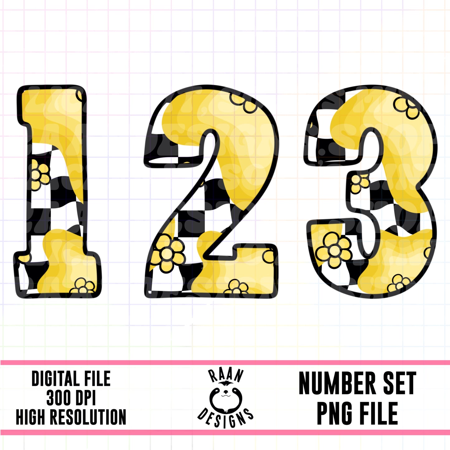 Yellow Retro Floral Checker-Number Set