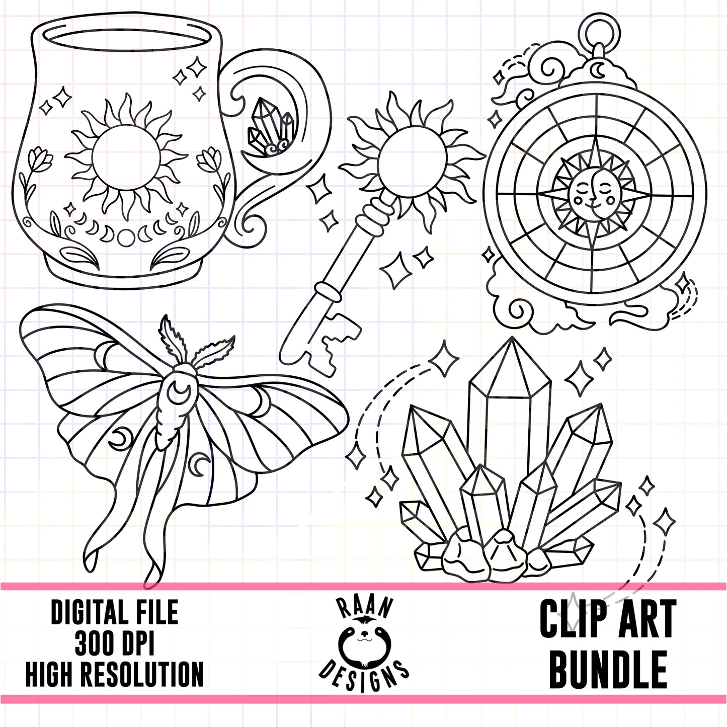 Mystical Celestial Outlines-Clipart Bundle