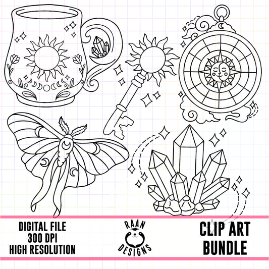 Mystical Celestial Outlines-Clipart Bundle