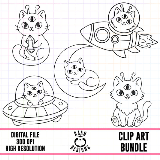 Galactic Cats Outlines-Clipart Bundle