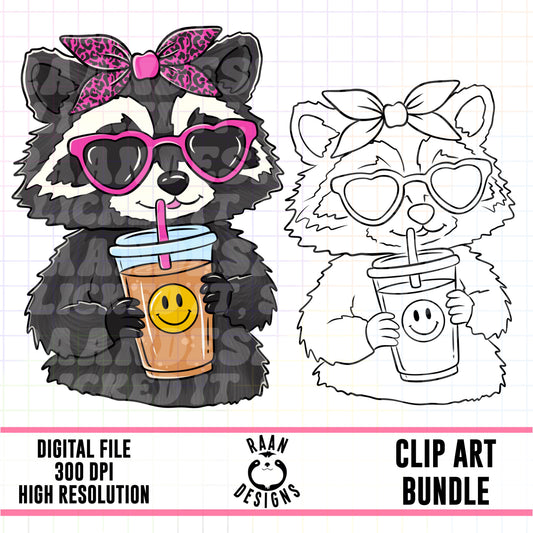Raccoon with Coffee- Clipart Bundle