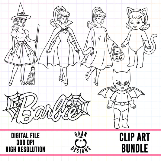 Halloween Barbie Outlines-Clipart Bundle