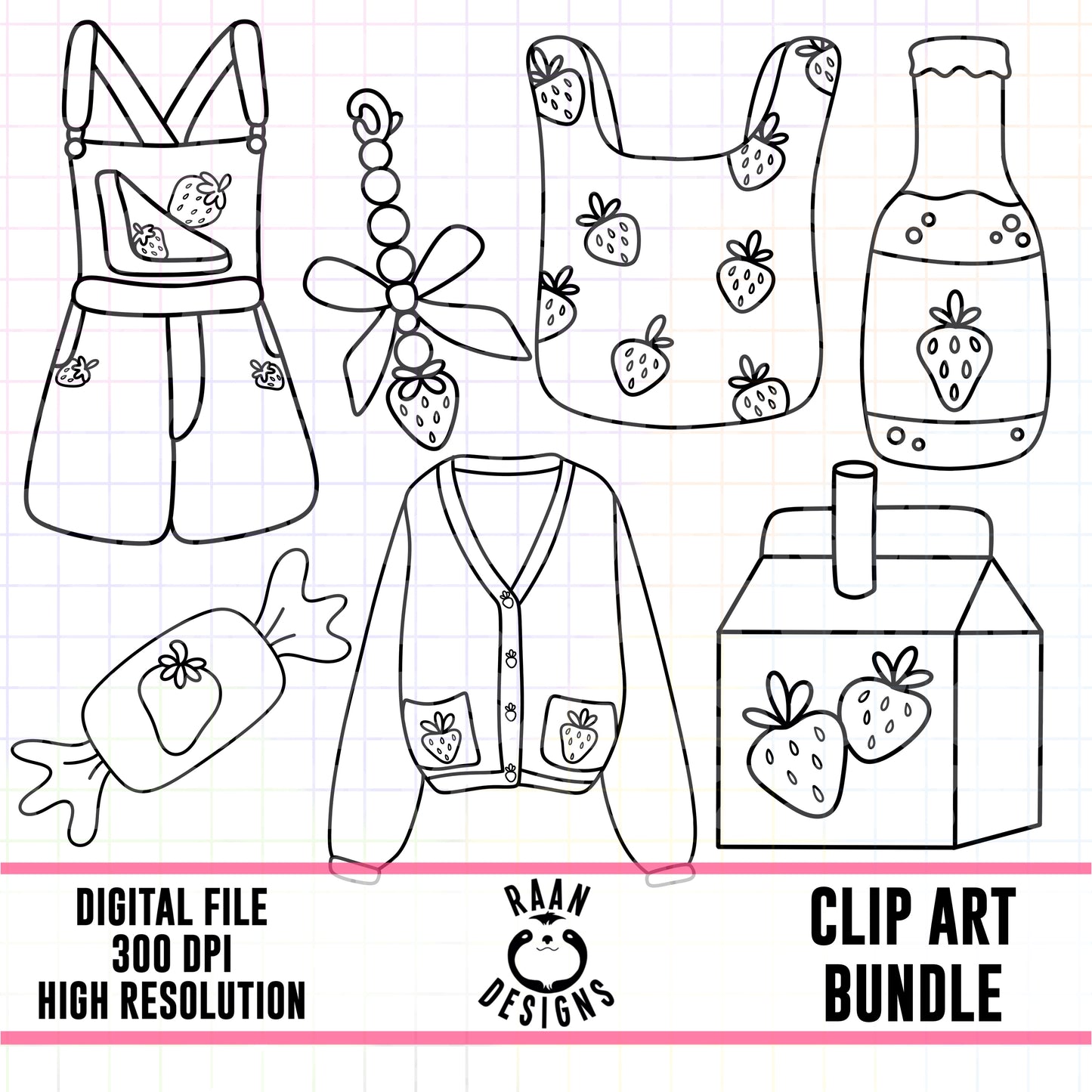 Strawberry Set 2-Outline Clipart Bundle