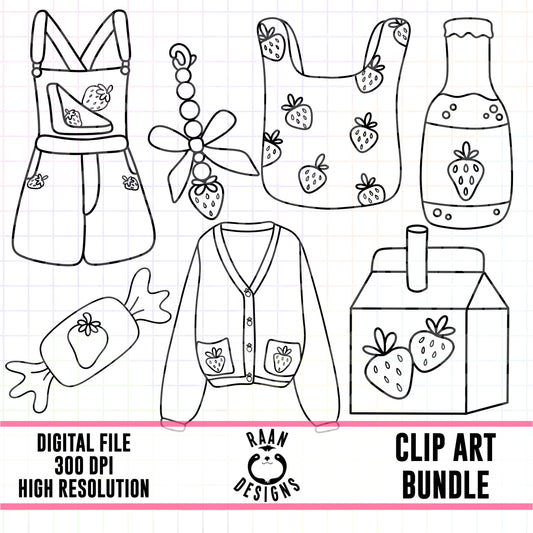 Strawberry Set 2-Outline Clipart Bundle