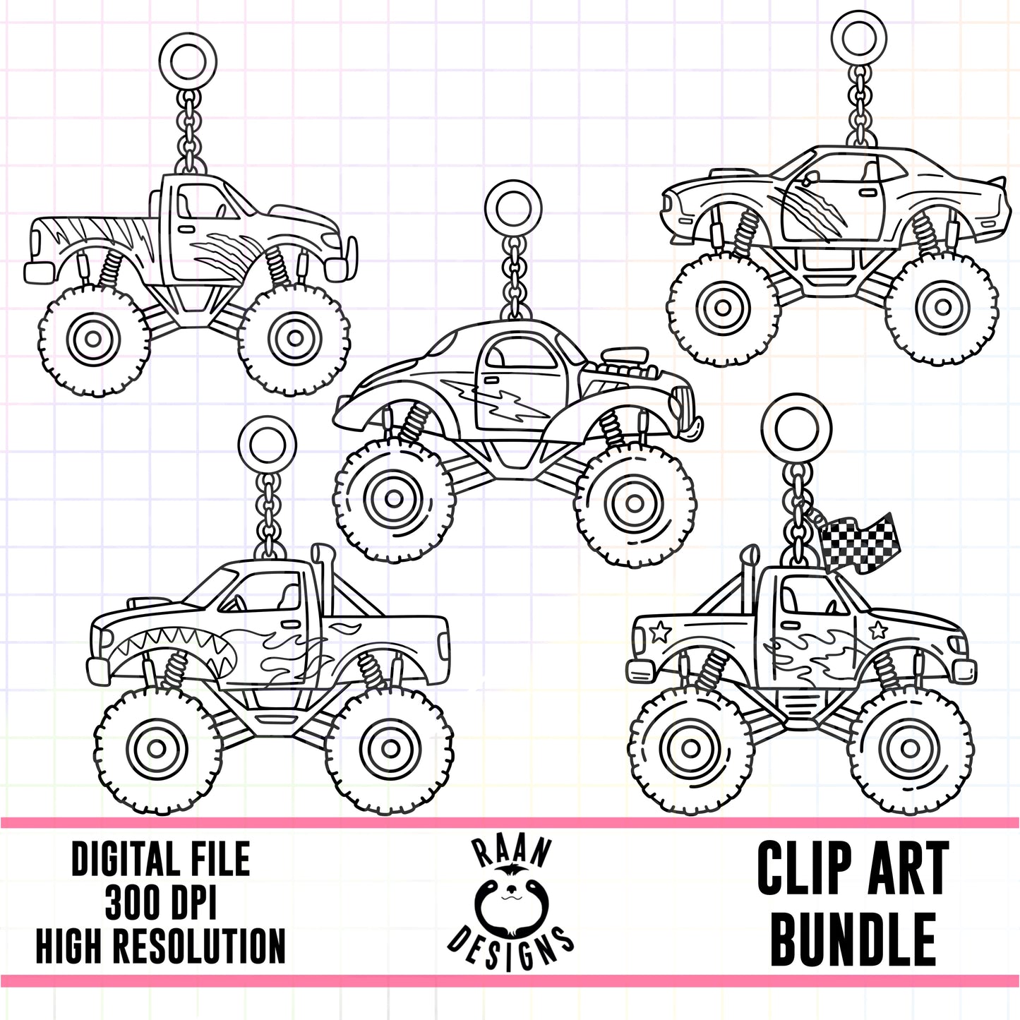 Monster Truck Charms Outlines-Clipart Bundle